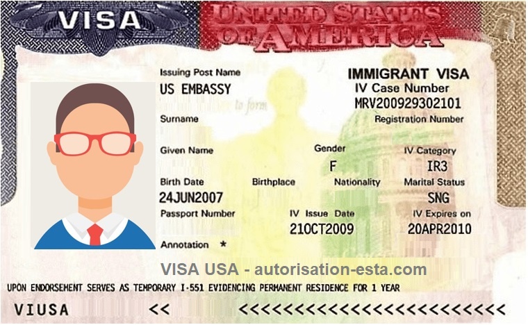 Spécimen d'un visa visiteur B2 américain